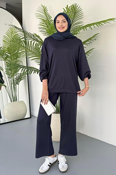 Modaensarbutik Bisiklet Yaka Oysho Tesettür Takım-LACİVERT