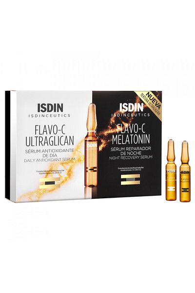 ISDIN FLAVO-C Melatonin Day & Night: Ultraglycan Antioxidant Serum 10 Ampoules + 10 Ampoules