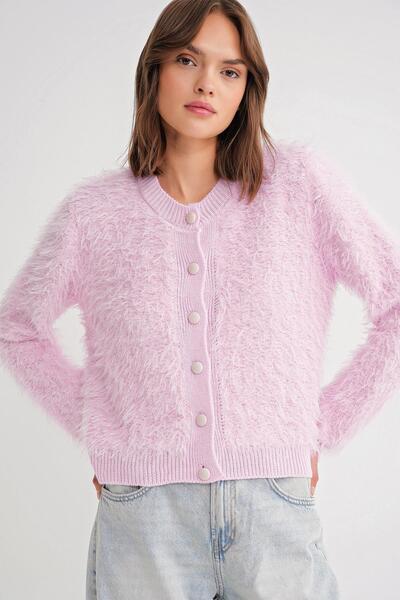 Mixray 6897 Women's Long Beard Tape Detailed Knitwear Cardigan Pink