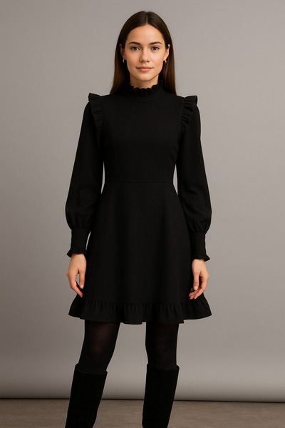 Noi Belis Black A-Line Woven Shoulder Detail Woven Dress Aw25El0004