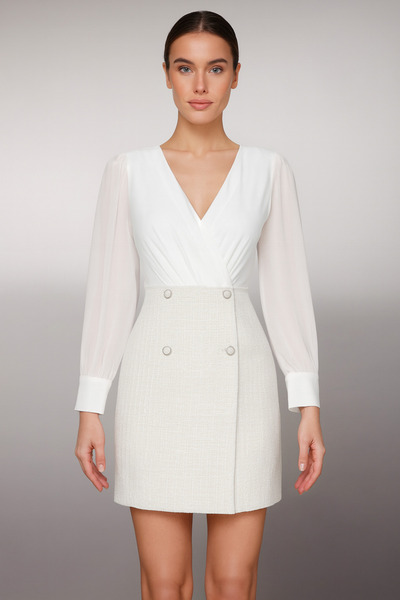 Noi Belis Ecru Tweed Double Breasted V-Neck Mini Lined Woven Jacket Dress Aw25El0003
