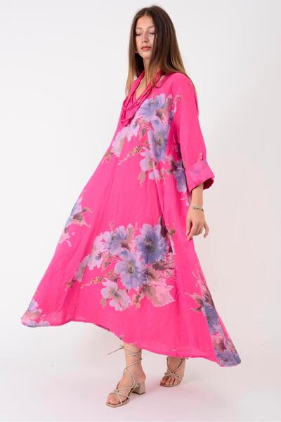 Park Moda 102181 LADI BATİK ÇİÇEK DESEN V YAKA KETEN ELBİSE