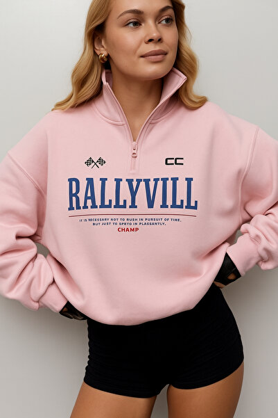 The Champ Clothing Φούτερ Unisex oversized με μισό φερμουάρ RallyVill Text με τύπωμα Ροζ- 3 Thread Sh επένδυση fleece Fleece