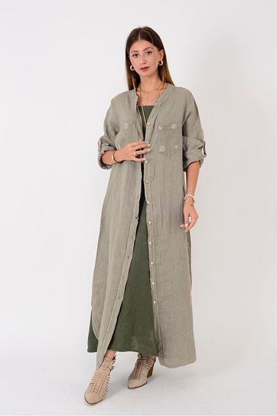 Park Moda 14978 Daisy Embroidered Linen Shirt Dress
