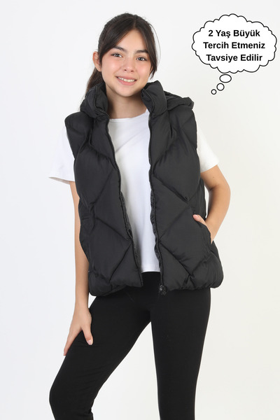 ASYAKİDS CLUB Girl's Hooded Pocket Lined Waterproof Seasonal Puffer Vest