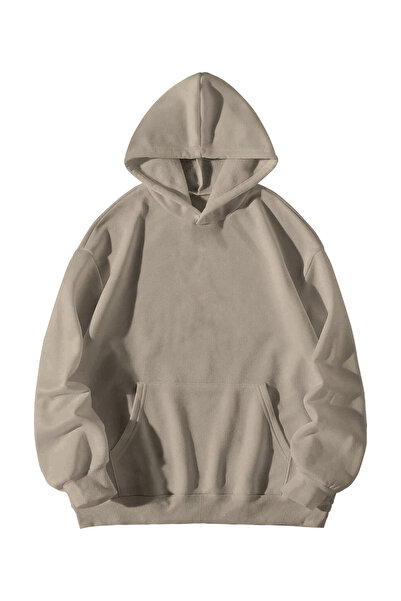 Harajuku Style Kadın Erkek Krem Basic Düz Kapşonlu Kanguru Cepli Sweatshirt