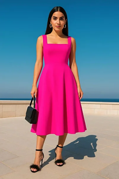 misigo Women's Square Neck Thick Strap Design Midi Length Dress Fuchsia 583208