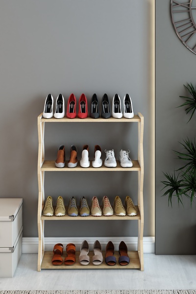 Jest Dekor Konsept Zühre Beyaz -Safir Meşe -4 Raflı Ahşap Ayakkabılık -Çok Amaçlı Dekoratif Raf, Organizer