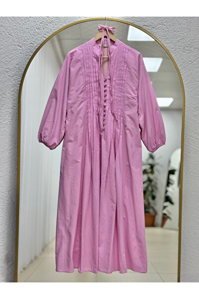 BENAHOLL Φόρεμα Loryla με ραβδώσεις στο μπροστινό μέρος με ρέλι Voile-EK606.1 Ροζ