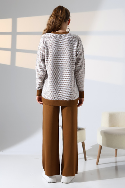 ALCHON V-Neck Long Sleeve Jacquard Panel Button Soft Textured Cardigan Straight Pipe Leg Pants Double Knitwear Suit