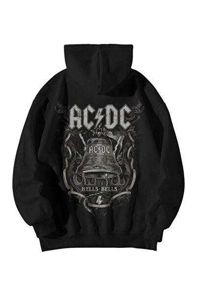 Harajuku Style Siyah Kadın Erkek Oversize Kapşonlu Kanguru Cepli ACDC Hells B...