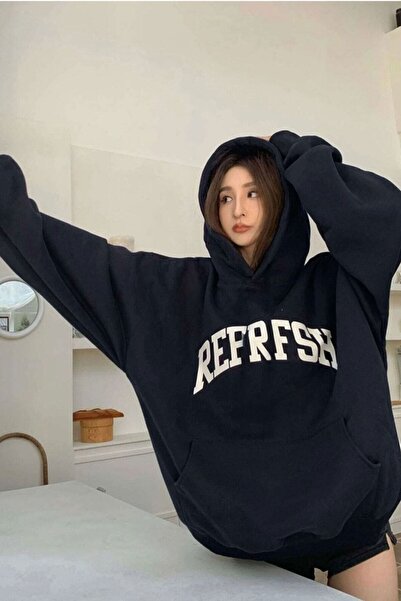 Harajuku Style Women's Navy Blue Refrfsh Printed Hooded Hoodie