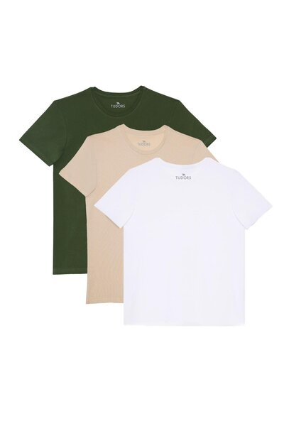Tudors Unisex 3 Pack Khaki-White-Vanilla Slim Fit Slim Fit 100% Cotton Crew Neck T-Shirt