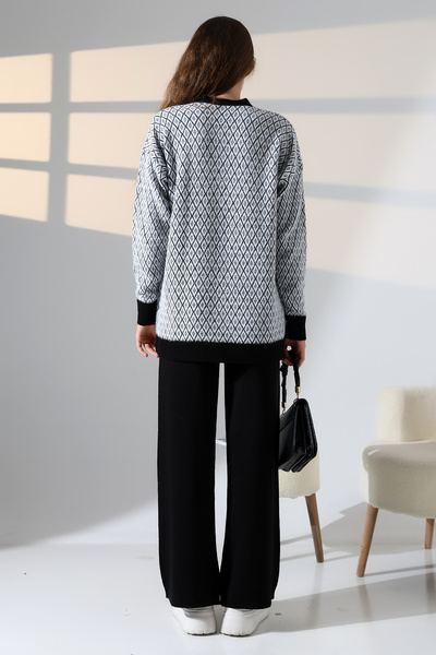 ALCHON V-Neck Long Sleeve Jacquard Panel Button Soft Textured Cardigan Straight Pipe Leg Pants Double Knitwear Suit