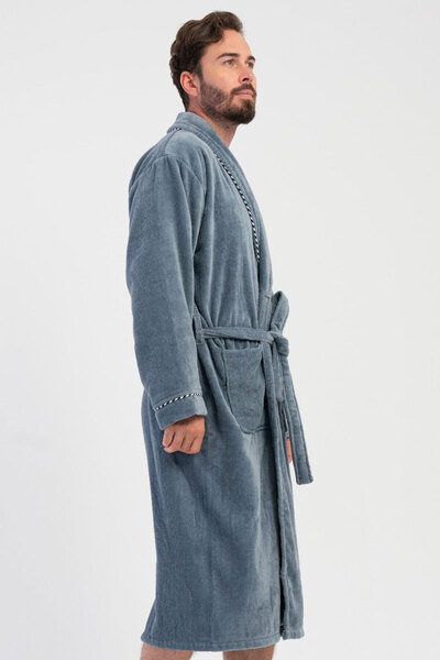 VİENETTA Cotton Men's Towel Velvet Collar Long Sleeve Long Bathrobe, 161872