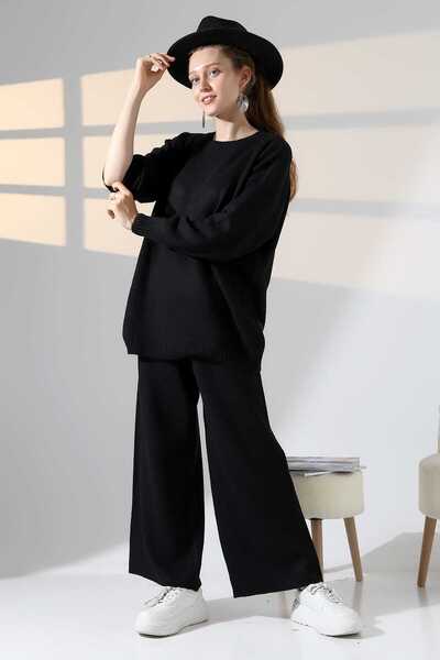 ALCHON بدلة تريكو مكونة من قطعتين برقبة دائرية وأكمام طويلة وبسيطة وخصر مرن