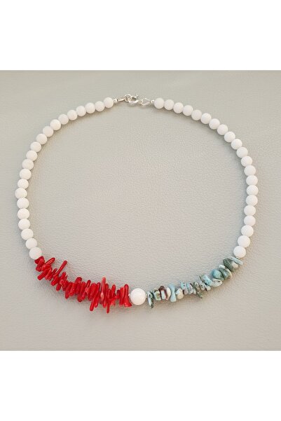 Abundo Colier din pietre de jad alb, larimar si coral rosu cu accesorii din argint 925, 40 cm