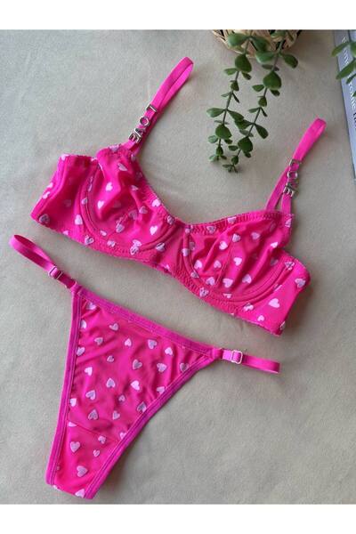 HappyZEY New Season Sarah Model Love Written Mini Heart Patterned Tulle Flexible Brode Bra Set