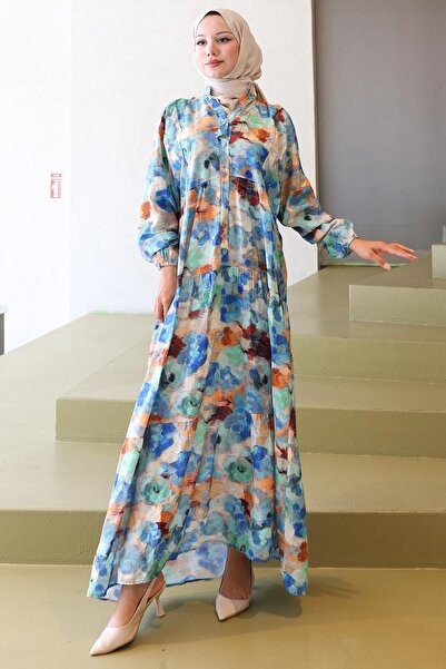 hafsamina Μοντάλ φόρεμα με μοτίβο μαρμάρου μπλε HM2796