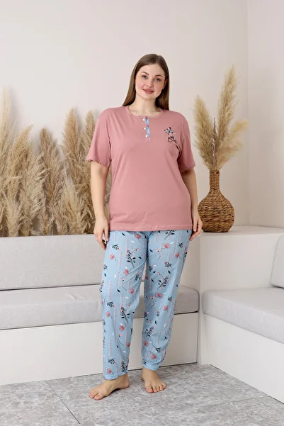 lacelove Nisanca 100% Cotton Large Size Short Sleeve Women's Pajamas Set