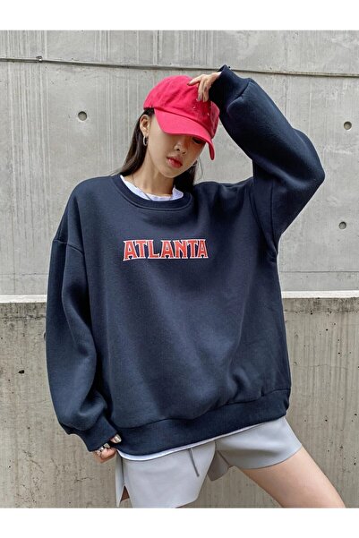 Harajuku Style Women's Sweatshirt Oversize Navy Blue Atlanta Printed