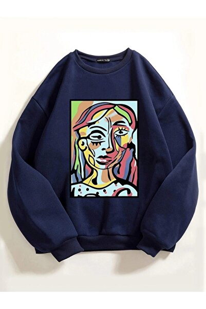 Harajuku Style Imprimeu abstract cu figuri în albastru închis pentru femei, s...