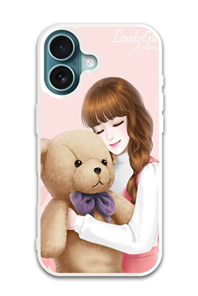 Theodor غطاء حماية لهاتف أبل آيفون 16، فتاة جميلة مع دب (مصد أبيض)