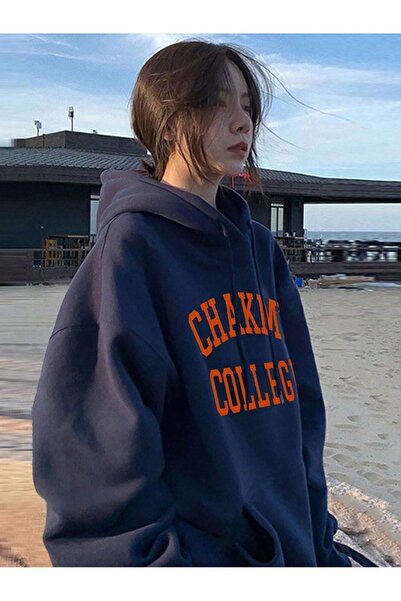 Harajuku Style Жіночий синій худі з капюшоном з принтом Chakms College