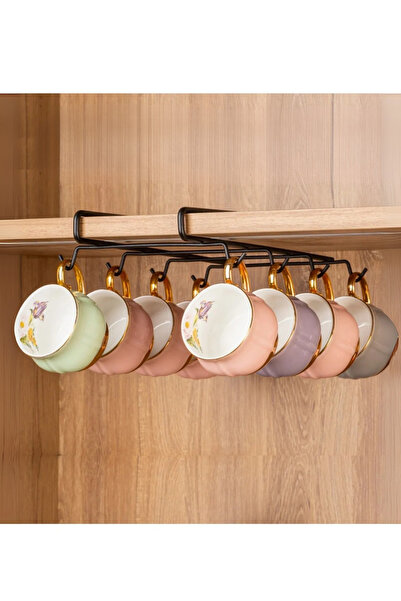 Genel Markalar Siyah Metal 10 Kancalı Fincan Kupa Bardak Askısı Dolap Içi Kancalı Fincan Askılığı