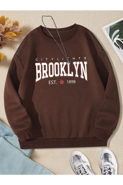 Harajuku Style Γυναικείο καφέ oversize με στάμπα Brooklyn Citylights