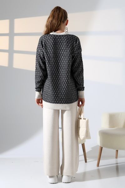 ALCHON V-Neck Long Sleeve Jacquard Panel Button Soft Textured Cardigan Straight Pipe Leg Pants Double Knitwear Suit