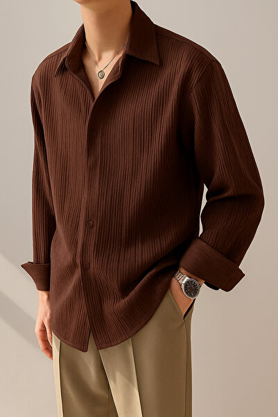 COOL TARZ Erkek Kahverengi Bürümcük Slim Fit Gömlek Yaka Uzun Kollu Gömlek