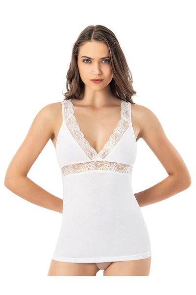 Sereia Women's Plain Comfortable Modal-Style Stripe Lace Detail Tank Top White - White - Sreiakow-6O60G7-Be
