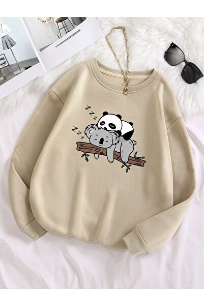 Harajuku Style Unisex Beige Panda Printed Oversize Crew Neck
