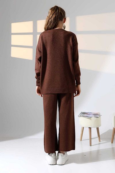 ALCHON Round Neck Long Sleeve Plain Basic Sweater Elastic Waist Pipe Leg Pants Double Knitwear Set