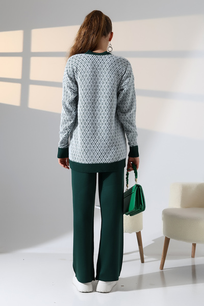 ALCHON V-Neck Long Sleeve Jacquard Panel Button Soft Textured Cardigan Straight Pipe Leg Pants Double Knitwear Suit