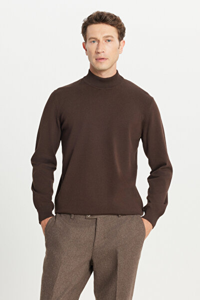 ALTINYILDIZ CLASSICS Erkek Kahverengi Pamuklu Standart Fit Normal Kesim Yarım Balıkçı Yaka Triko Kazak