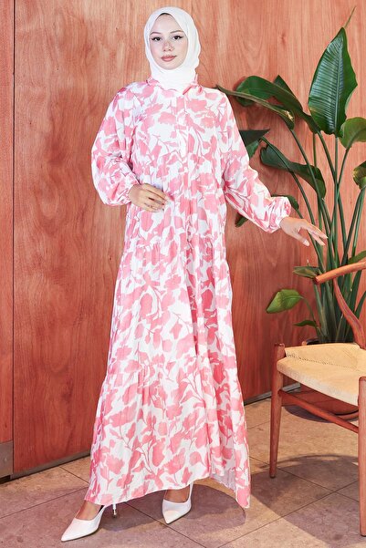 hafsamina Φόρεμα Modal με φλοράλ εμπριμέ ροζ HM2798