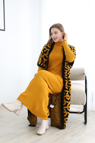 ALCHON Turtleneck Long Sleeve Ribbed Stripe Patterned Dress Jacquard Paneled Ankle Length Vest Double Knitwear Set