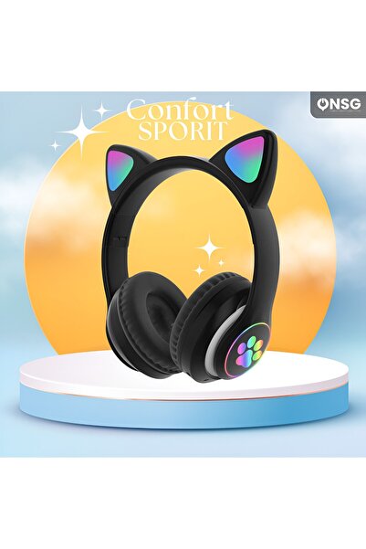 YETI Sunix Kids Bluetooth Headphones Cat Ears, LED, Wireless, Microphone, Foldable, Black