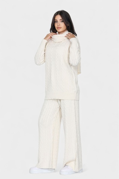 NEWCO Loose Cut Scarf Detail Pants and Long Sleeve Knitwear Set with Stylish and Comfortable Design