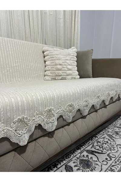 DECORA CASA HOME COLLECTİON Lace Bamboo Striped Sponge Velvet Non-Slip Sofa Bed Seat Cover