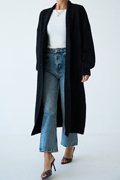 LOOSH Kadın Siyah Şal Yaka Dokulu Balon Kol Uzun Salaş Hırka