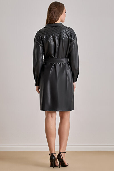 Guitar Diz Üstü Siyah Deri Elbise