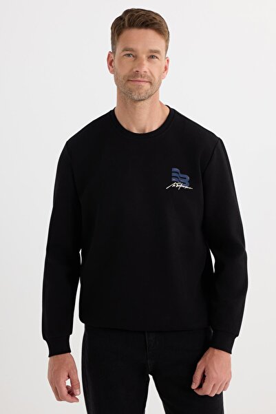 Tudors Unisex Relax Fit Pamuklu Yumuşak Dokulu Bisiklet Yaka İçi Polarlı Baskılı Siyah Sweatshirt