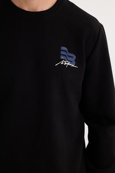 Tudors Unisex Relax Fit Pamuklu Yumuşak Dokulu Bisiklet Yaka İçi Polarlı Baskılı Siyah Sweatshirt