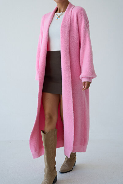 LOOSH Kadın Pembe Şal Yaka Dokulu Balon Kol Uzun Salaş Hırka