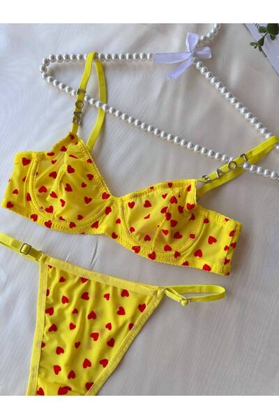 HappyZEY New Season Sarah Model Love Written Mini Heart Patterned Tulle Flexible Brode Bra Set