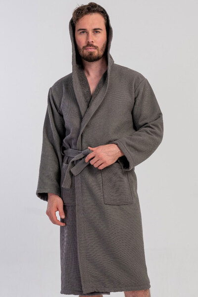 VİENETTA Men's Towel Waffle Hooded Long Sleeve Long Bathrobe, 161868
