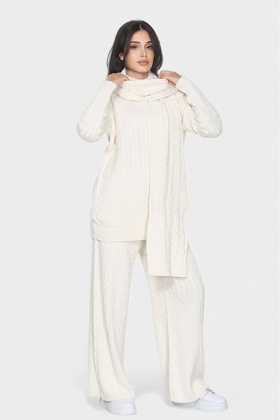 NEWCO Loose Cut Scarf Detail Pants and Long Sleeve Knitwear Set with Stylish and Comfortable Design